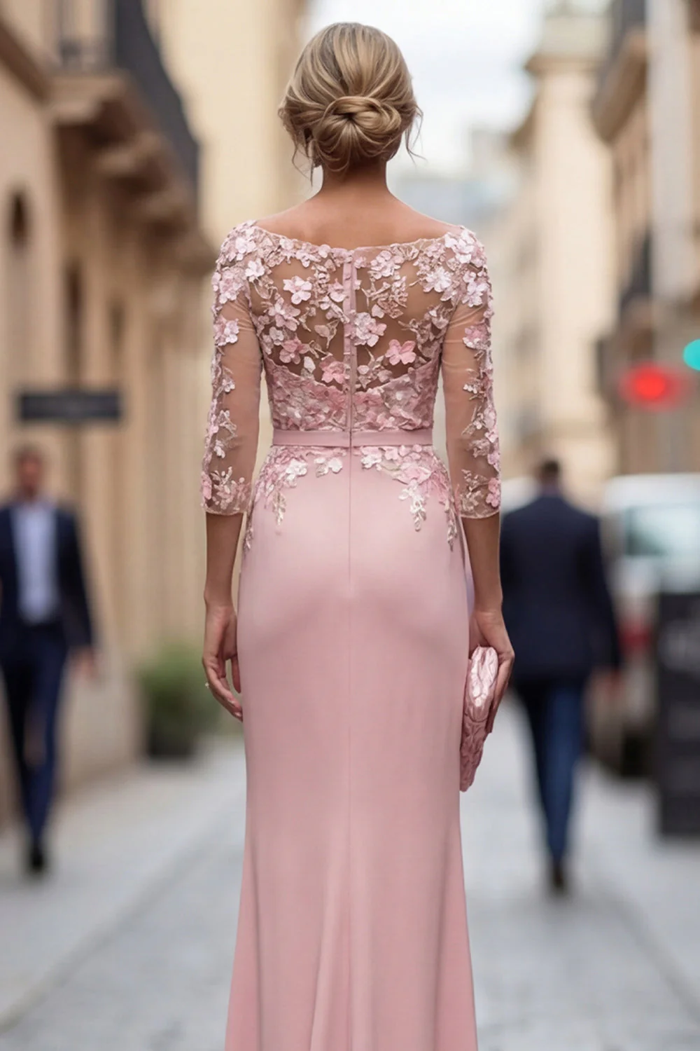 Blush Sheath Bateau Neck Ruched Long Mother Of the Bride Dress with Appliques - Image 5