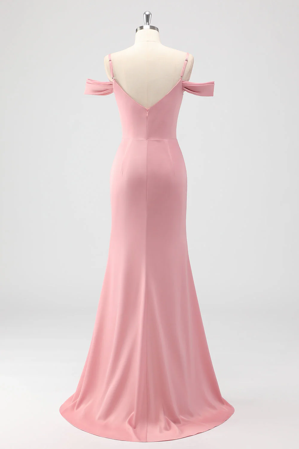 Blush Sheath Cold Shoulder Satin Long Bridesmaid Dress - Image 2
