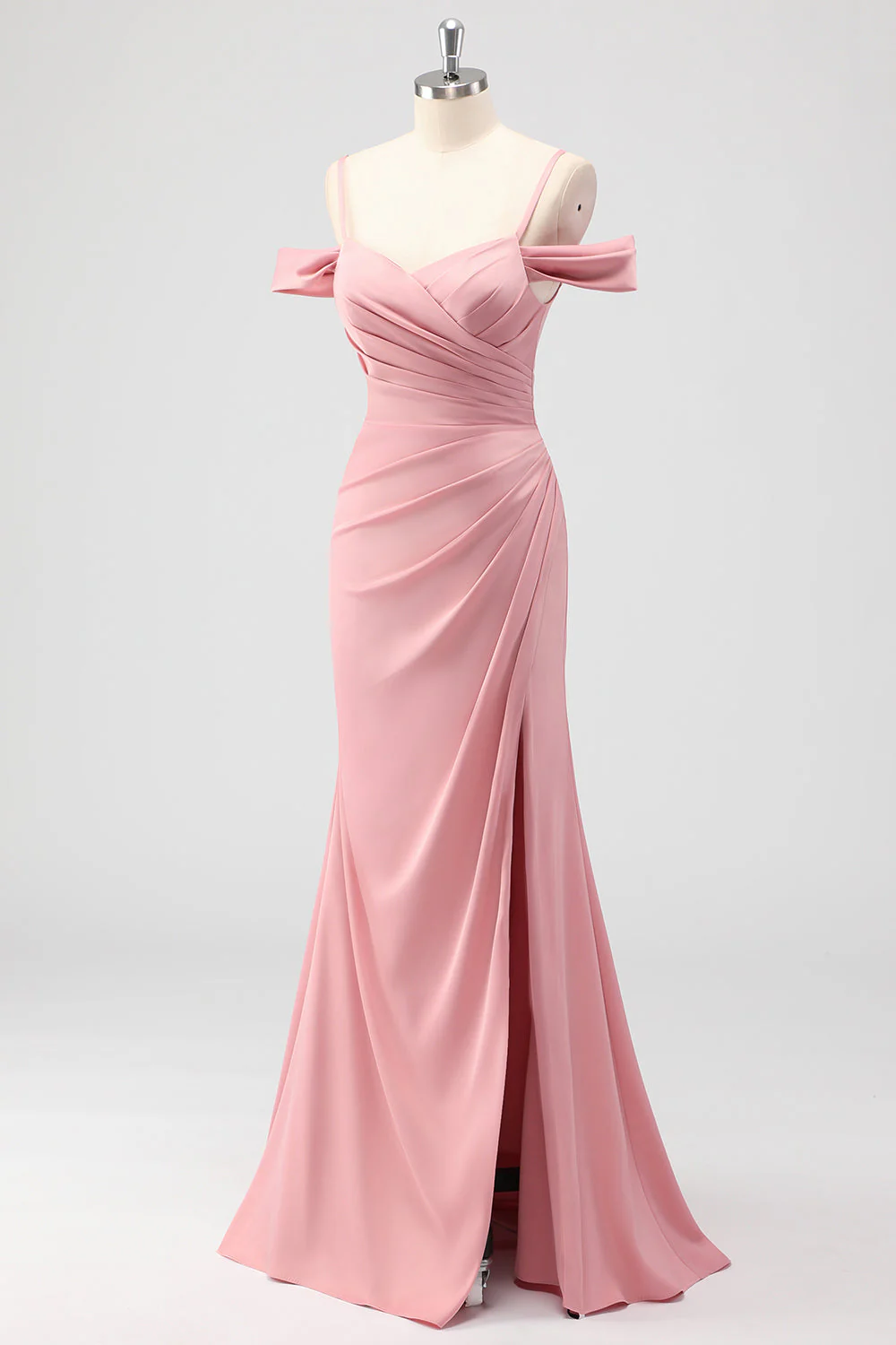 Blush Sheath Cold Shoulder Satin Long Bridesmaid Dress - Image 3