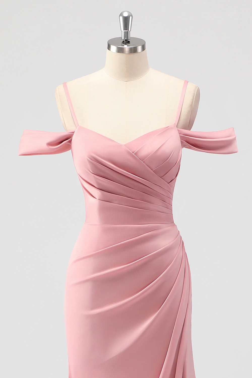 Blush Sheath Cold Shoulder Satin Long Bridesmaid Dress - Image 4