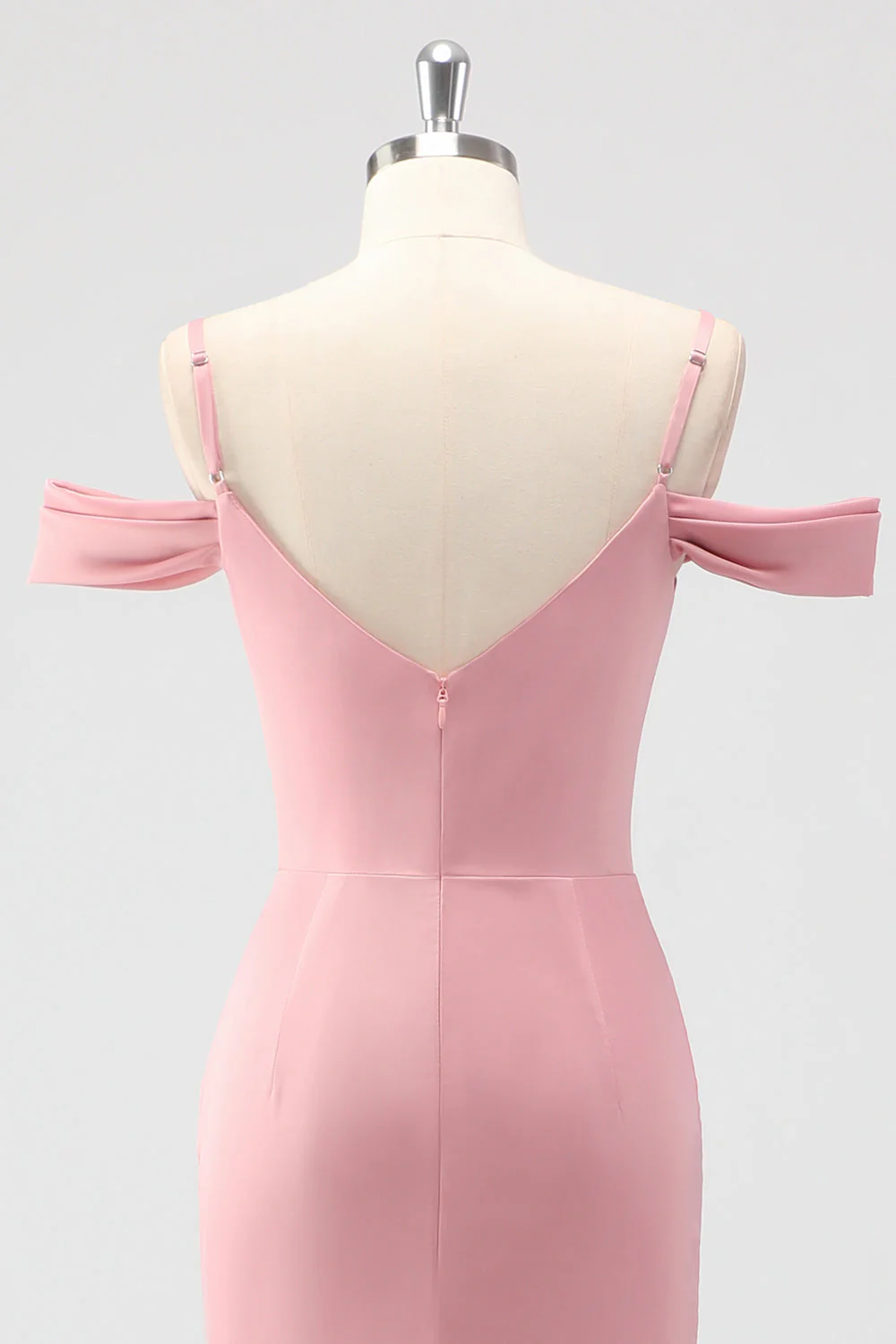 Blush Sheath Cold Shoulder Satin Long Bridesmaid Dress - Image 5