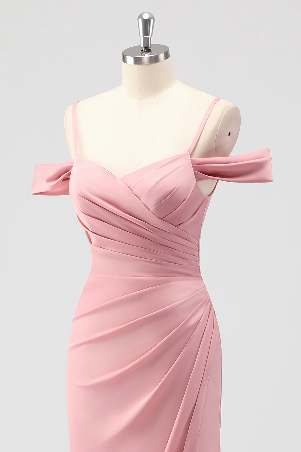 Blush Sheath Cold Shoulder Satin Long Bridesmaid Dress - Image 6
