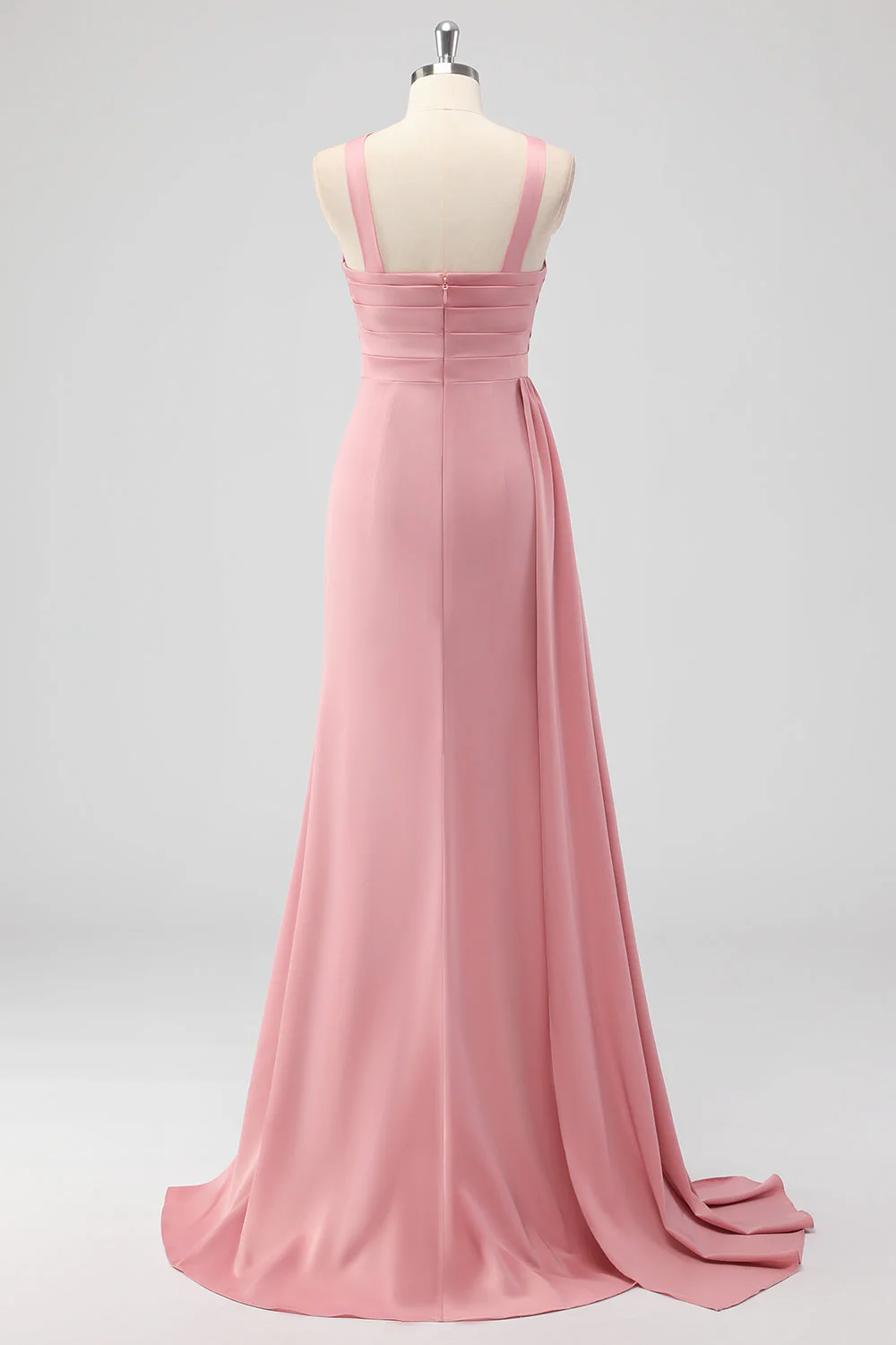 Blush Sheath Spaghetti Straps Satin Ruched Long Bridesmaid Dress - Image 2