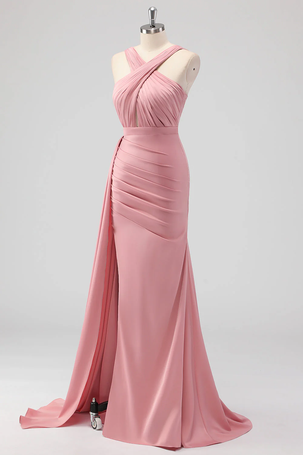 Blush Sheath Spaghetti Straps Satin Ruched Long Bridesmaid Dress - Image 3