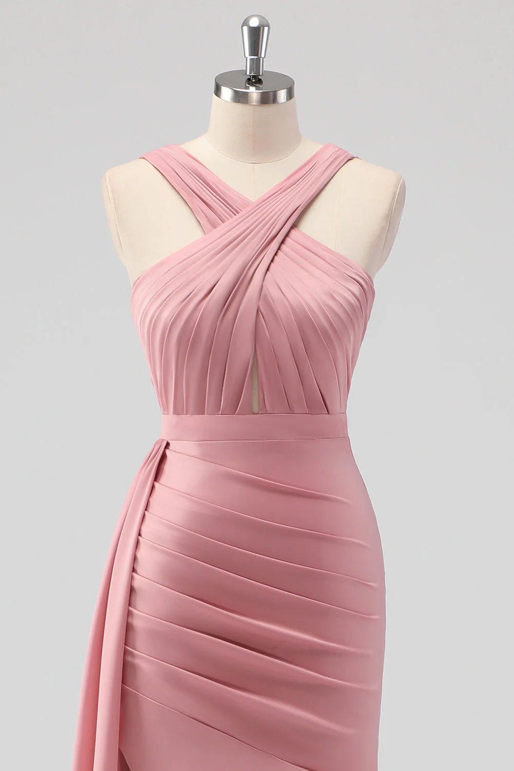 Blush Sheath Spaghetti Straps Satin Ruched Long Bridesmaid Dress - Image 4