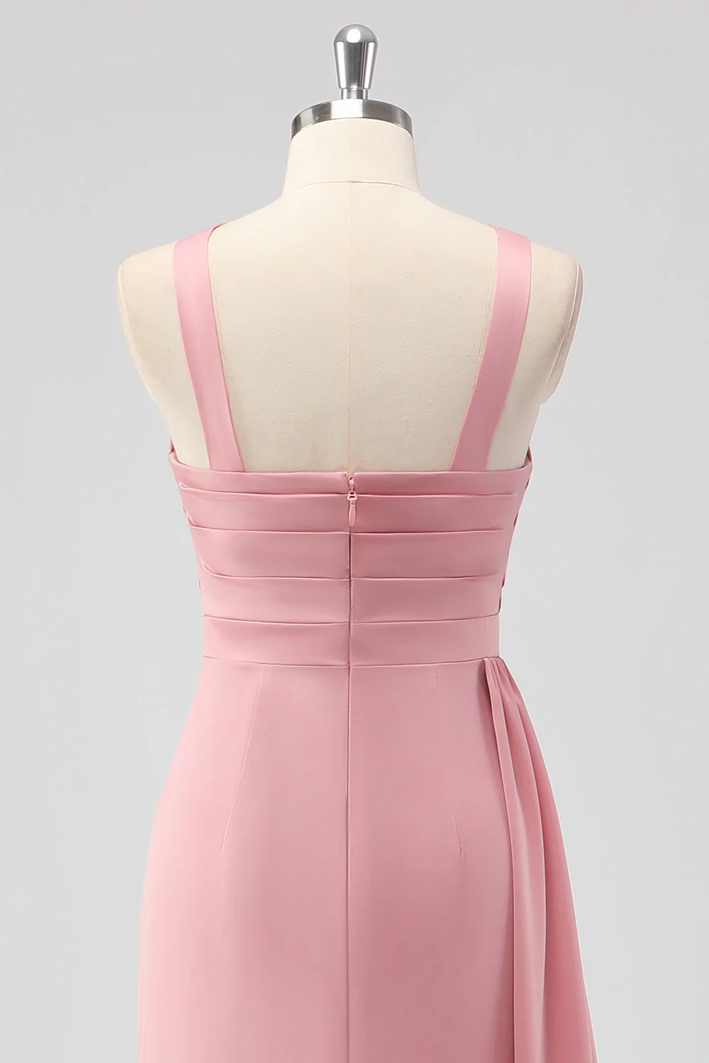 Blush Sheath Spaghetti Straps Satin Ruched Long Bridesmaid Dress - Image 5