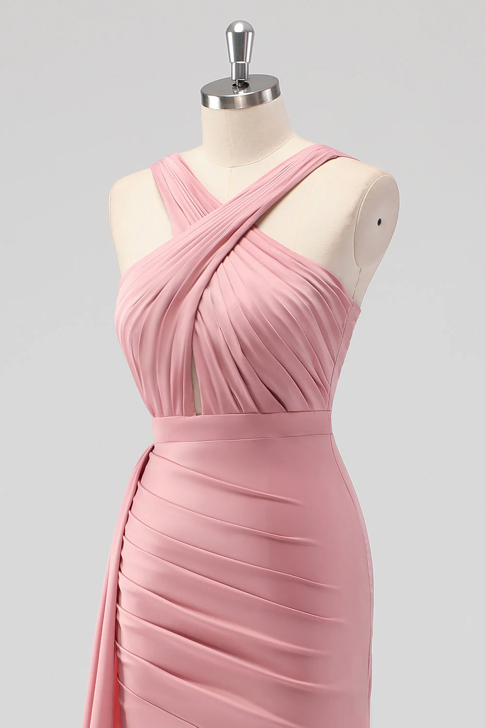Blush Sheath Spaghetti Straps Satin Ruched Long Bridesmaid Dress - Image 6