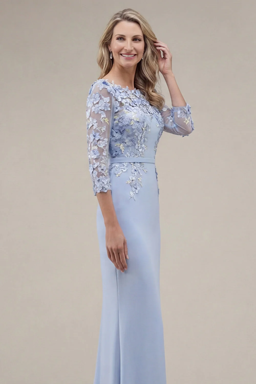 Blush Sheath Bateau Neck Appliqued Long Mother Of the Bride Dress with 3D Flowers - Image 12