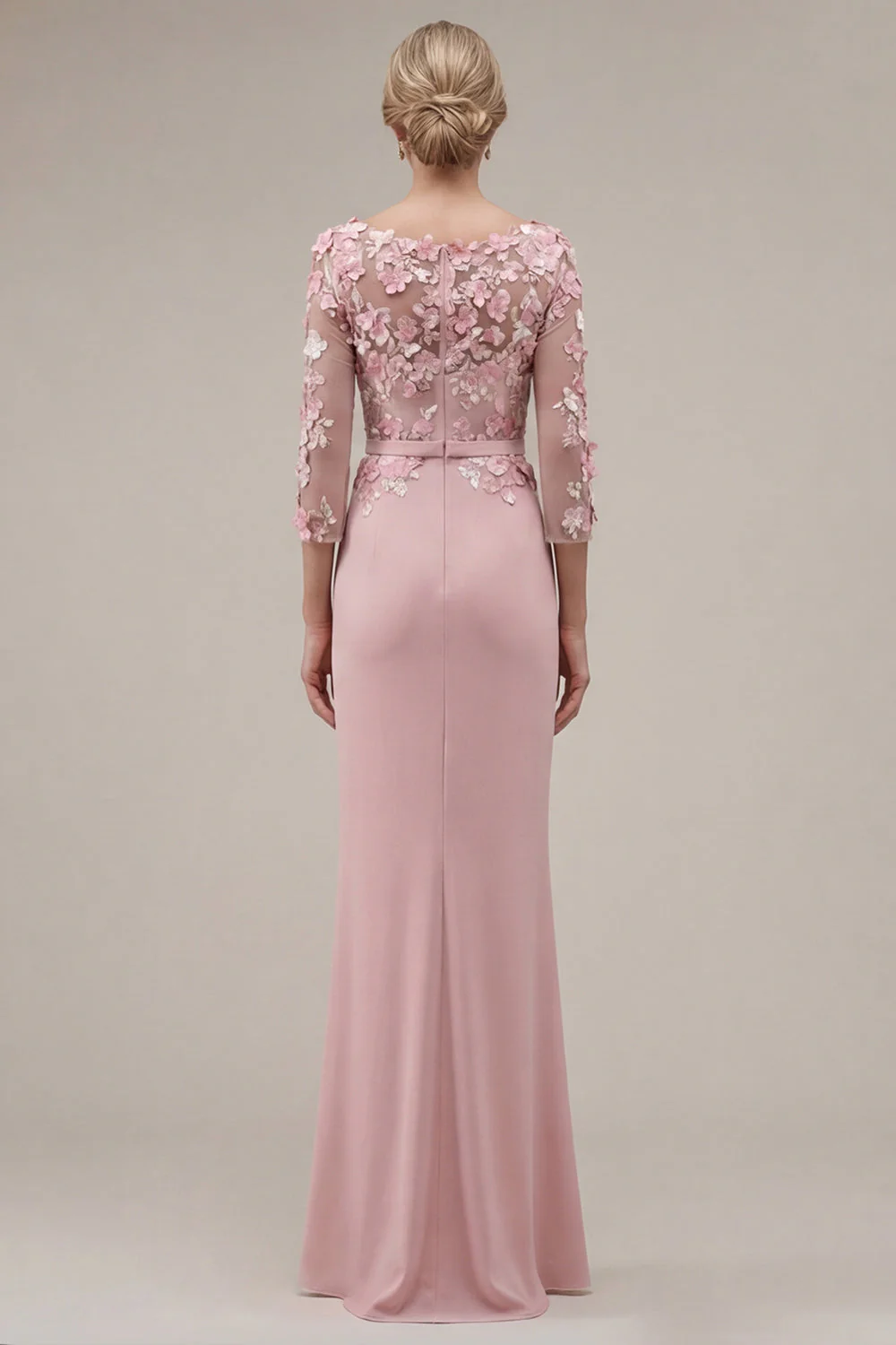 Blush Sheath Bateau Neck Appliqued Long Mother Of the Bride Dress with 3D Flowers - Image 2