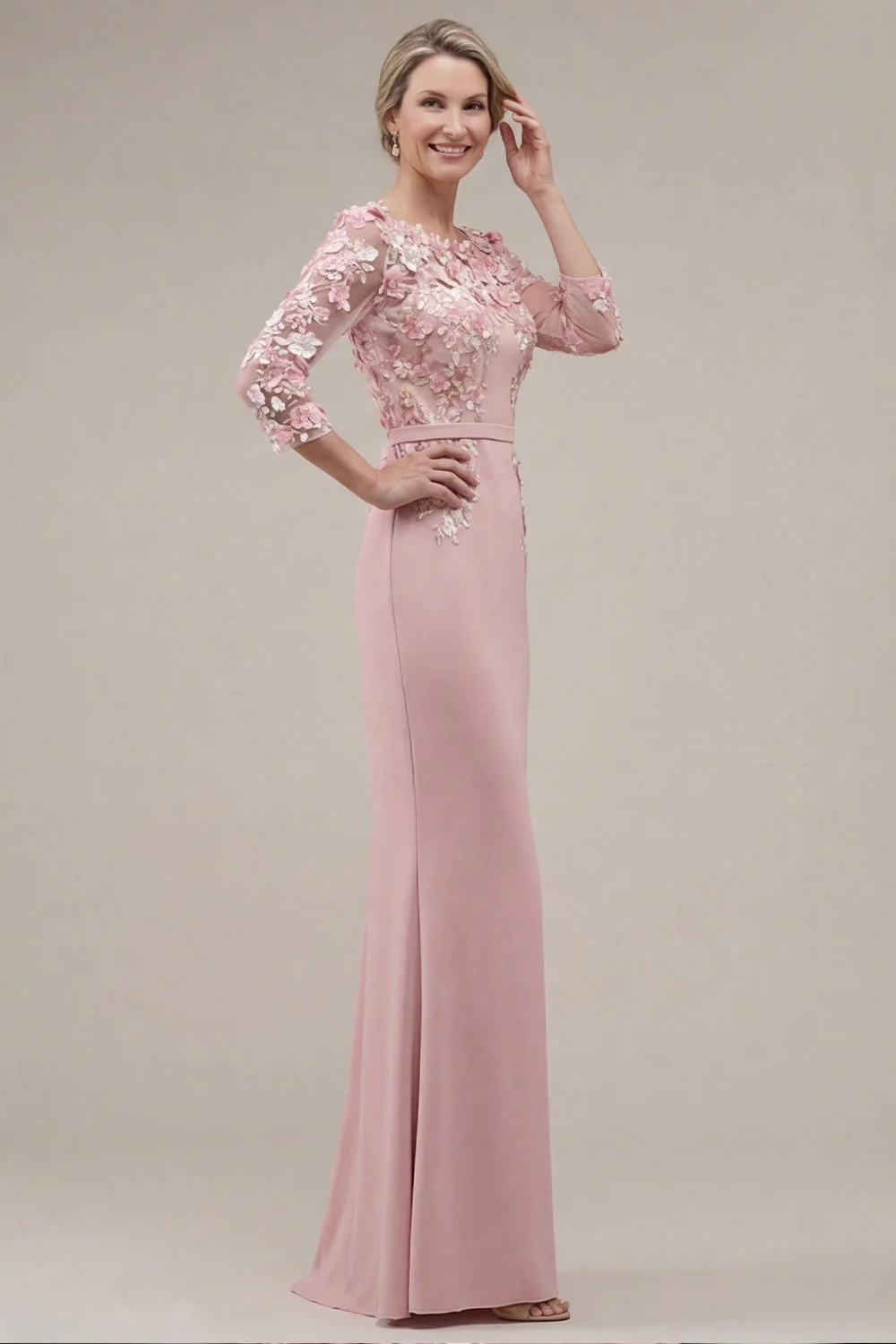 Blush Sheath Bateau Neck Appliqued Long Mother Of the Bride Dress with 3D Flowers - Image 3