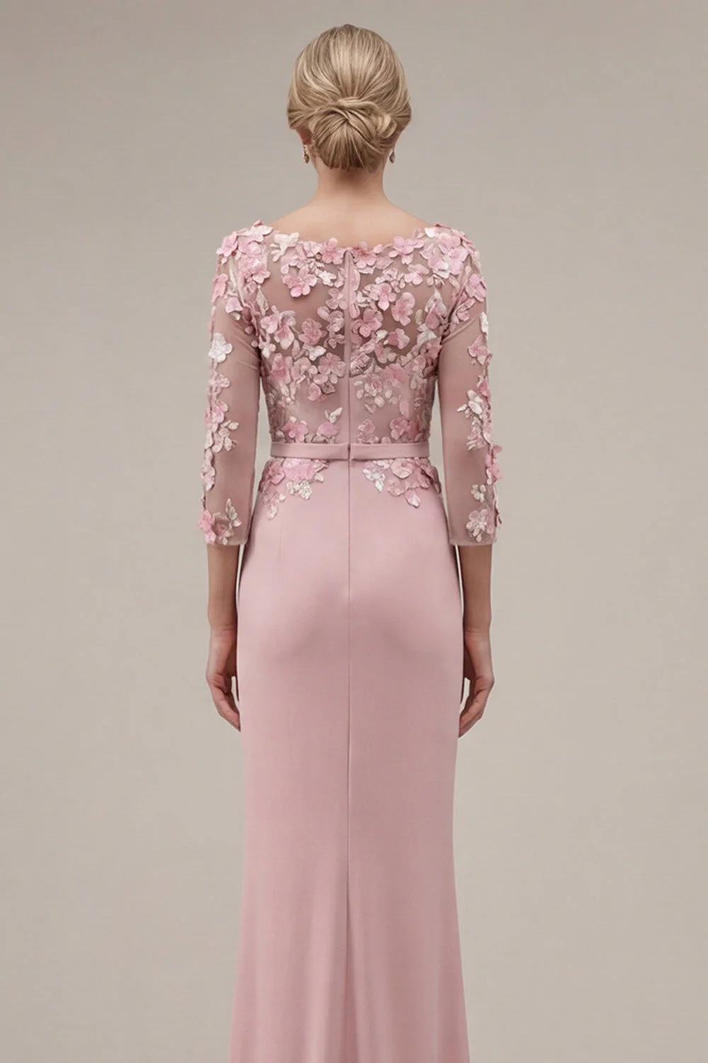 Blush Sheath Bateau Neck Appliqued Long Mother Of the Bride Dress with 3D Flowers - Image 4