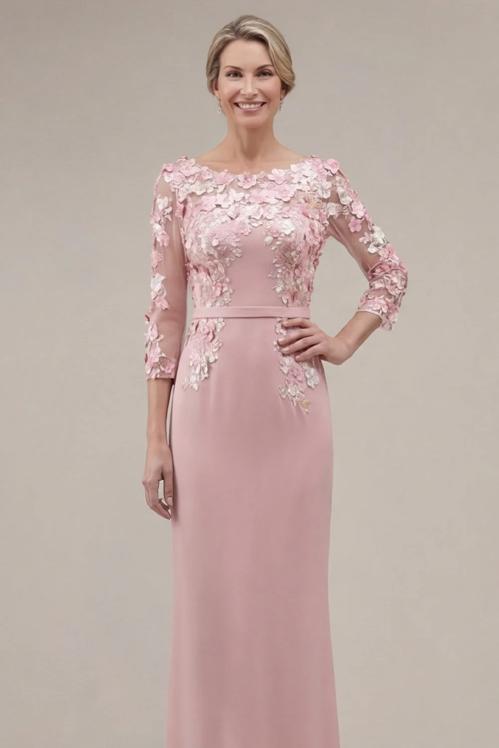 Blush Sheath Bateau Neck Appliqued Long Mother Of the Bride Dress with 3D Flowers - Image 5
