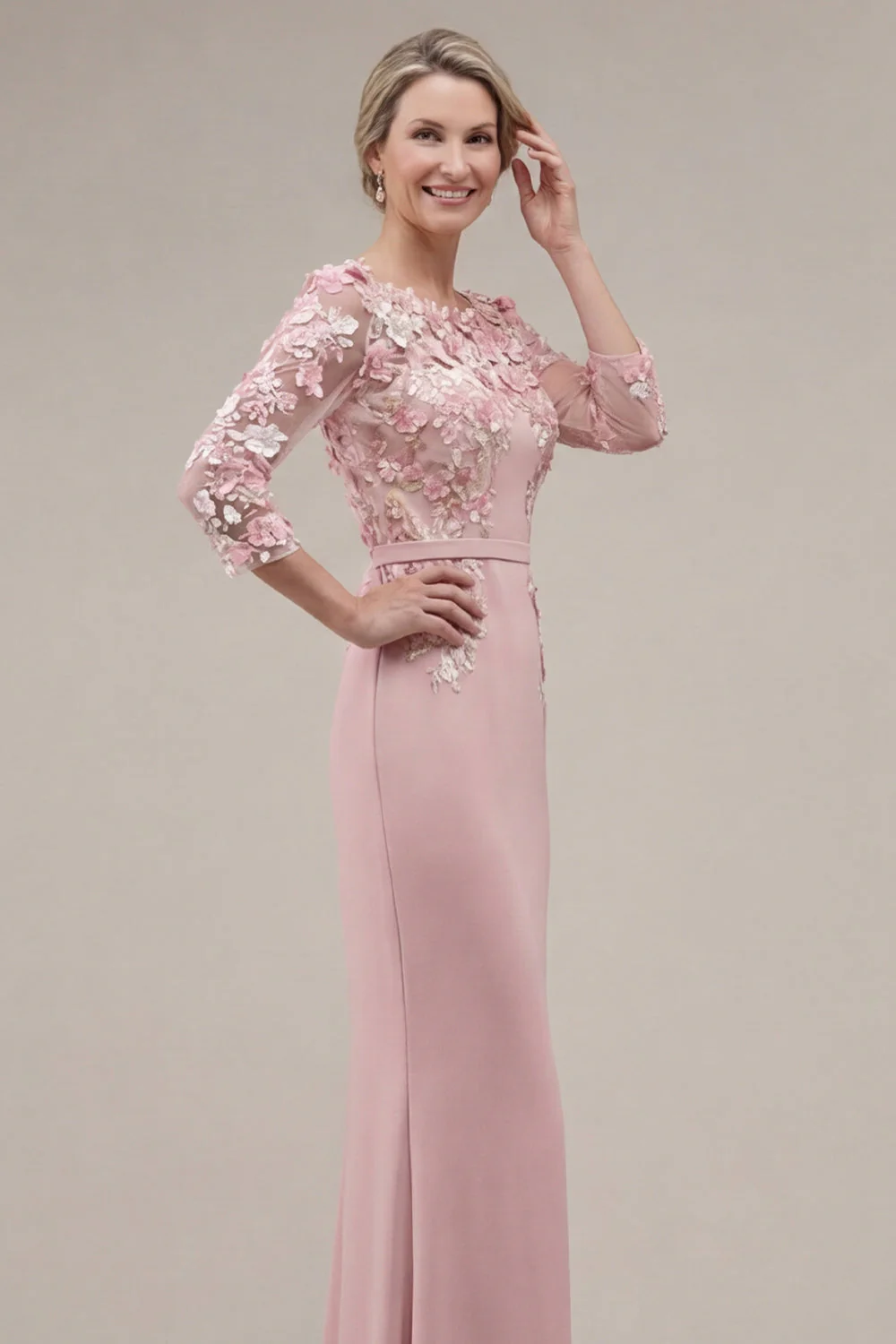 Blush Sheath Bateau Neck Appliqued Long Mother Of the Bride Dress with 3D Flowers - Image 6