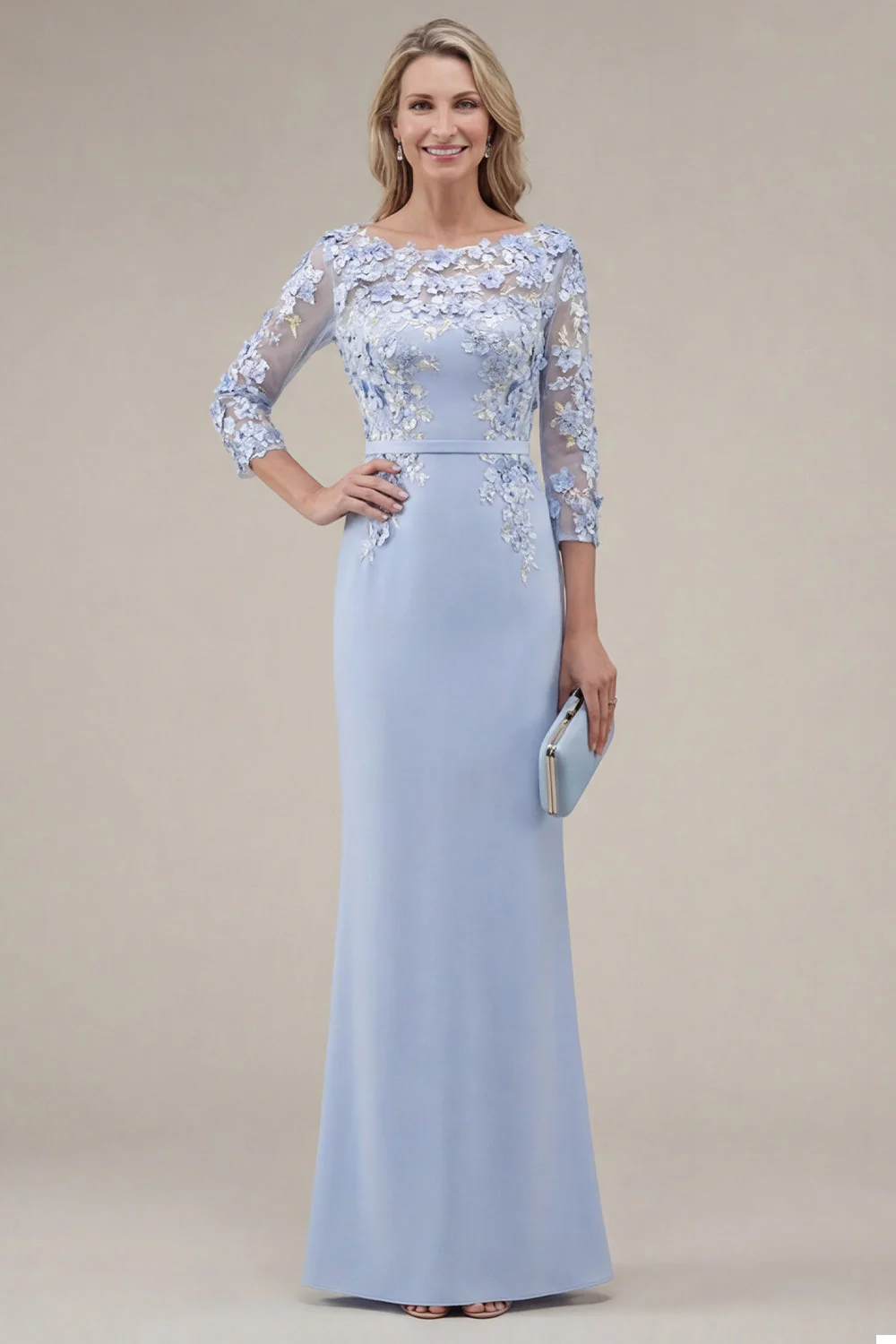 Blush Sheath Bateau Neck Appliqued Long Mother Of the Bride Dress with 3D Flowers - Image 7