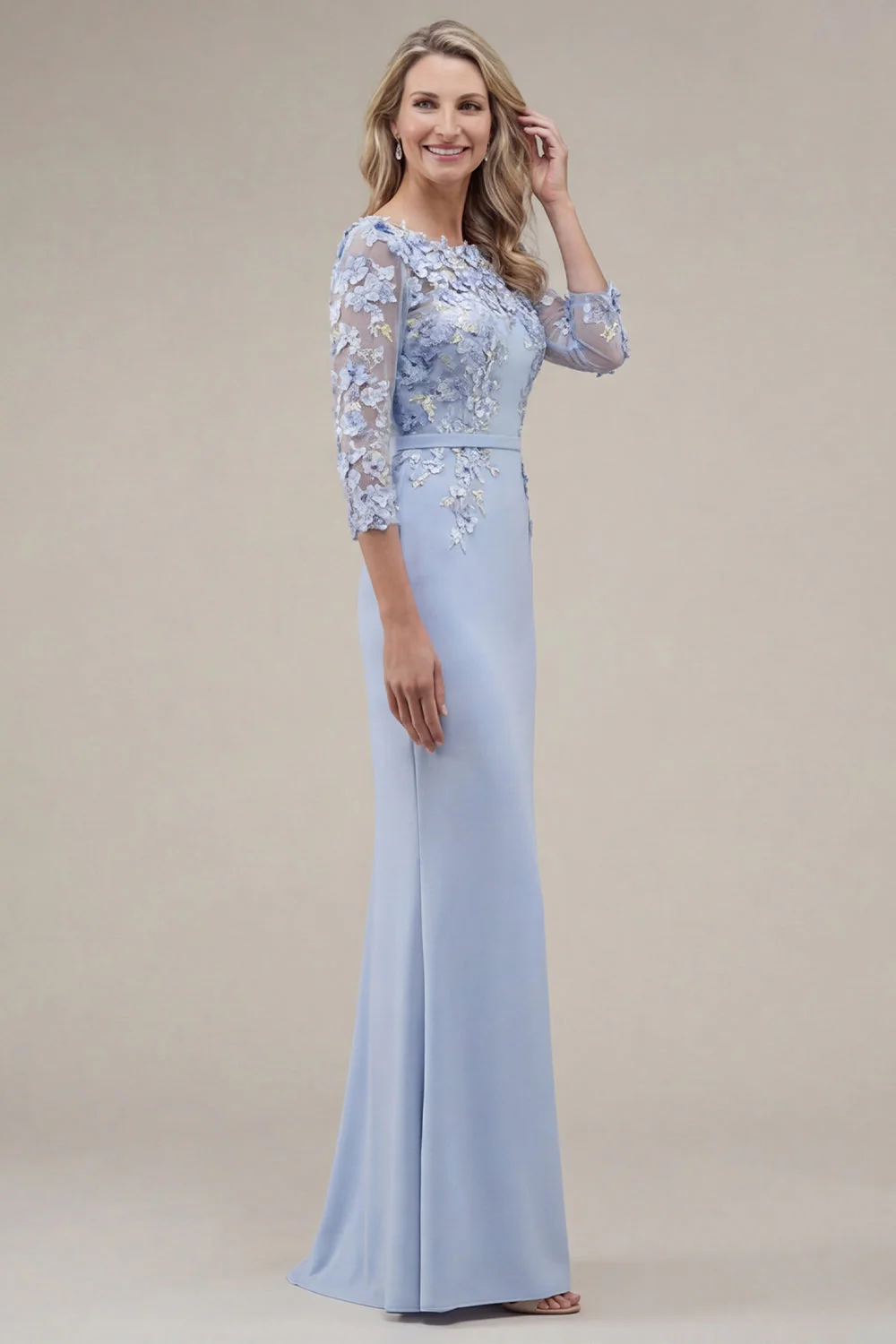 Blush Sheath Bateau Neck Appliqued Long Mother Of the Bride Dress with 3D Flowers - Image 9