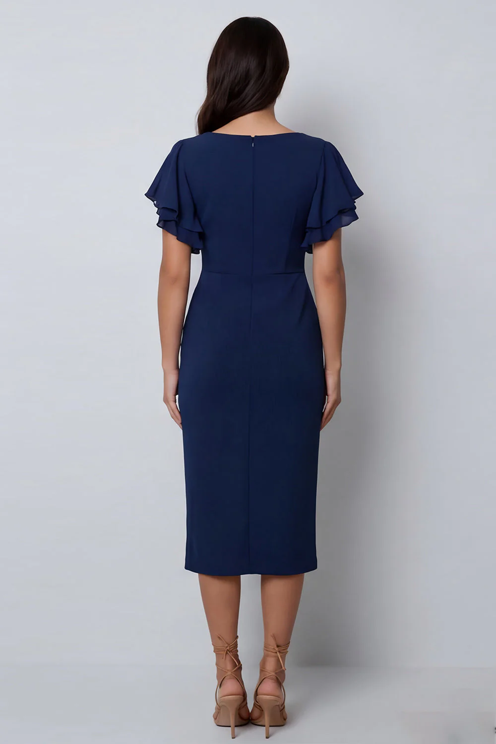 Bodycon Navy Flutter Sleeves V-Neck Midi Work Dress with Slit - Image 2