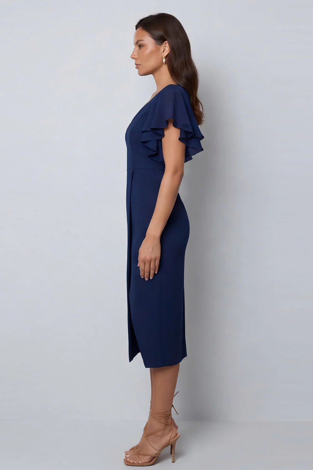 Bodycon Navy Flutter Sleeves V-Neck Midi Work Dress with Slit - Image 3