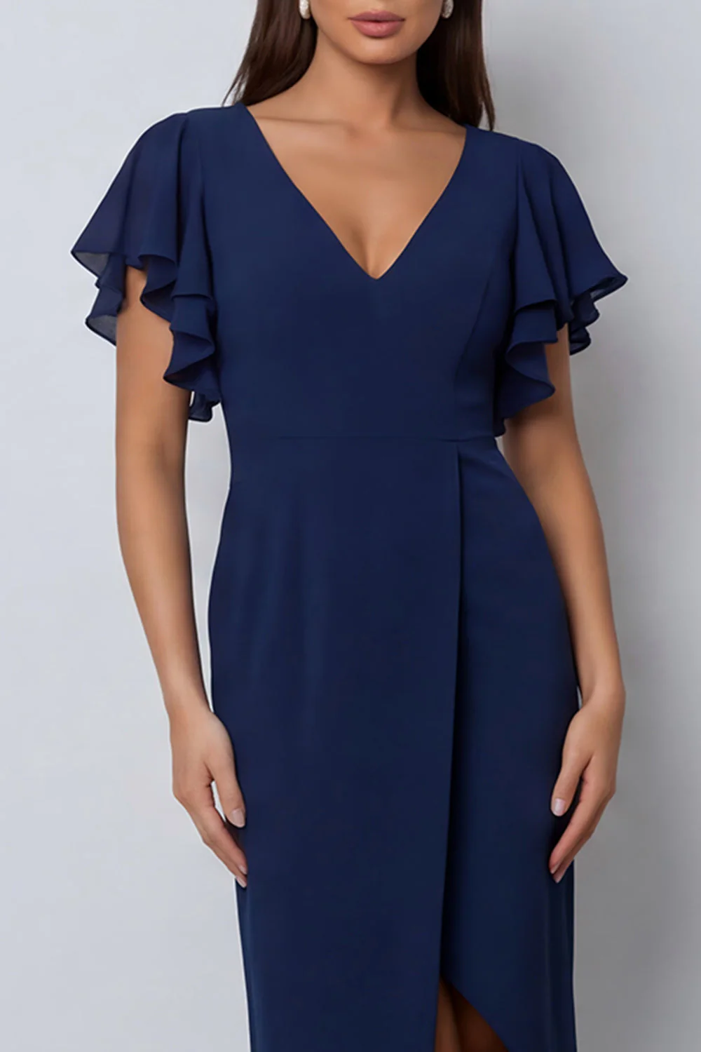 Bodycon Navy Flutter Sleeves V-Neck Midi Work Dress with Slit - Image 4