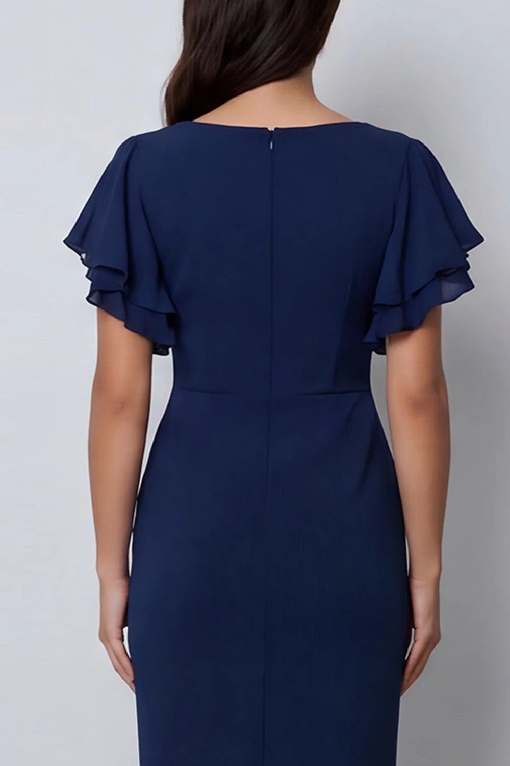 Bodycon Navy Flutter Sleeves V-Neck Midi Work Dress with Slit - Image 5