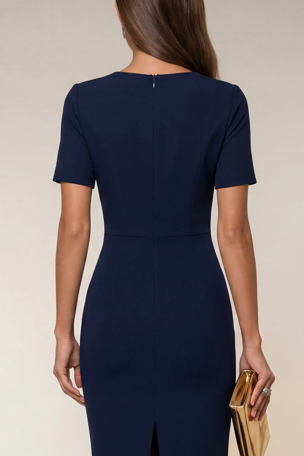 Bodycon Navy V-Neck Short Sleeves Midi Work Dress with Slit - Image 4