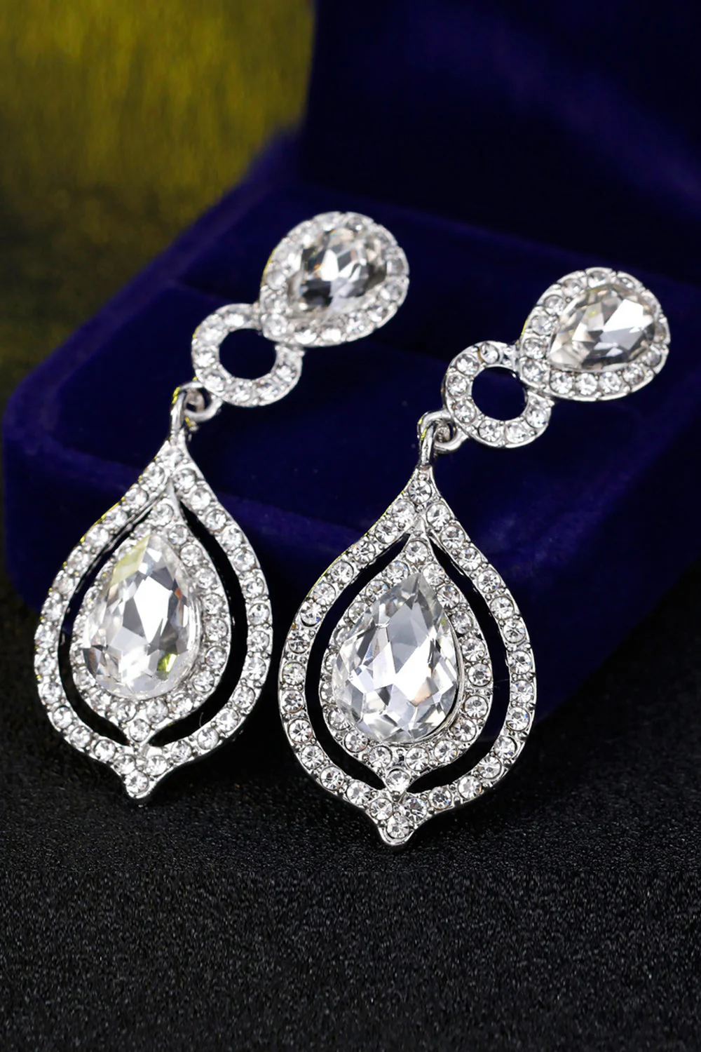 Bridal Wedding White Crystal Teardrop Pendant Earrings - Image 2