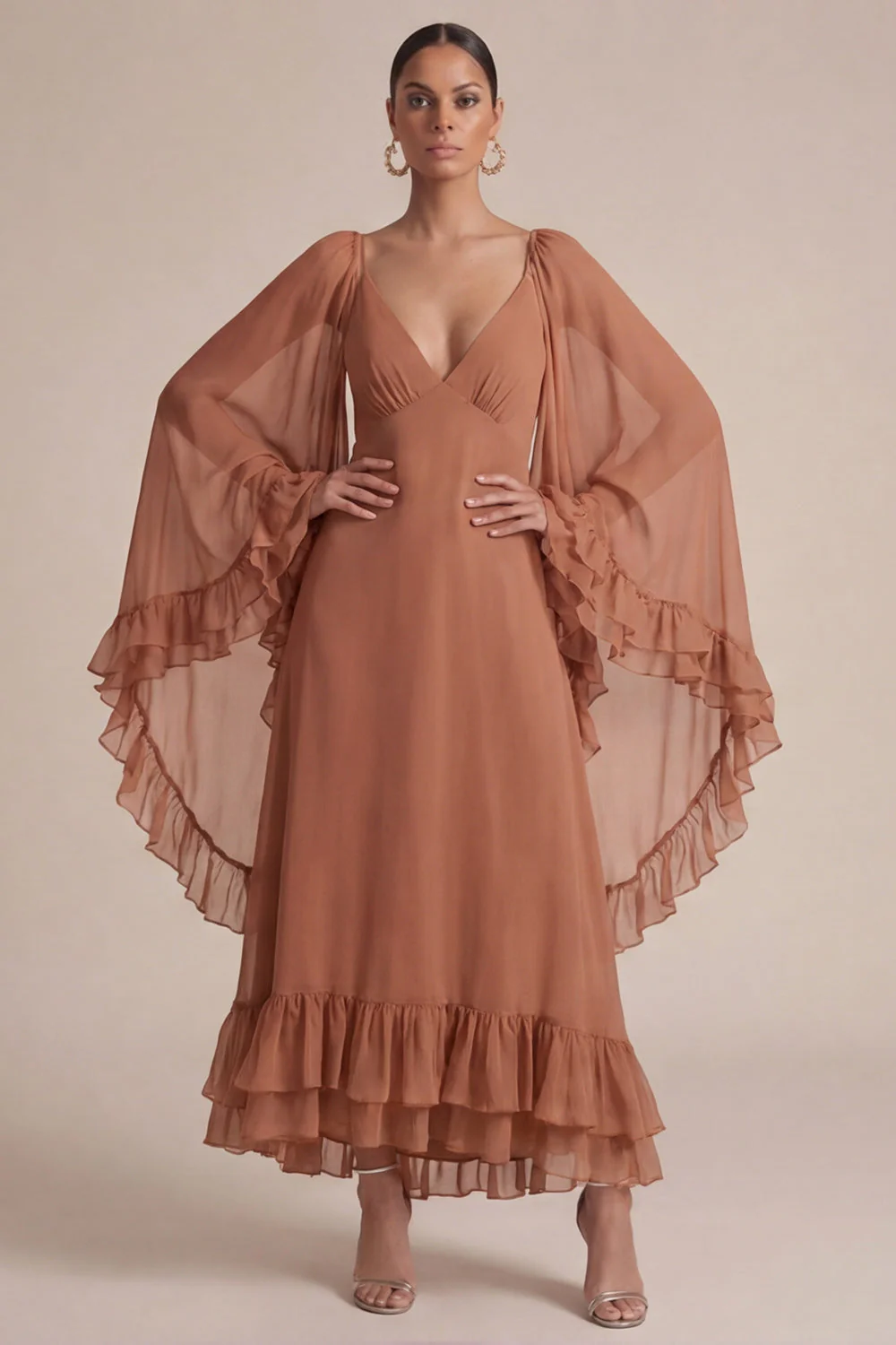 Brown A Line Ruffled V-Neck Long Chiffon Dress with Cape