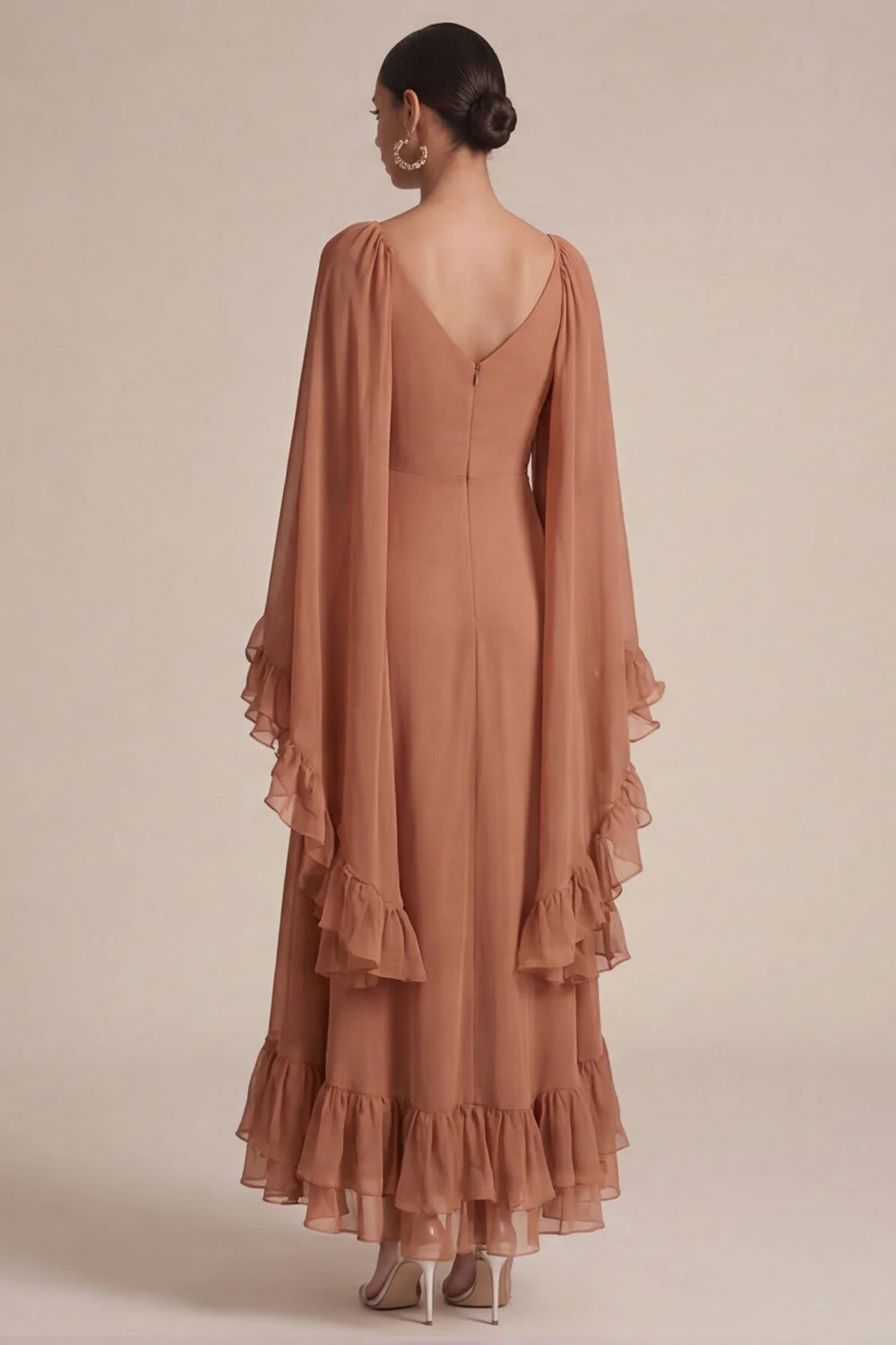 Brown A Line Ruffled V-Neck Long Chiffon Dress with Cape - Image 2