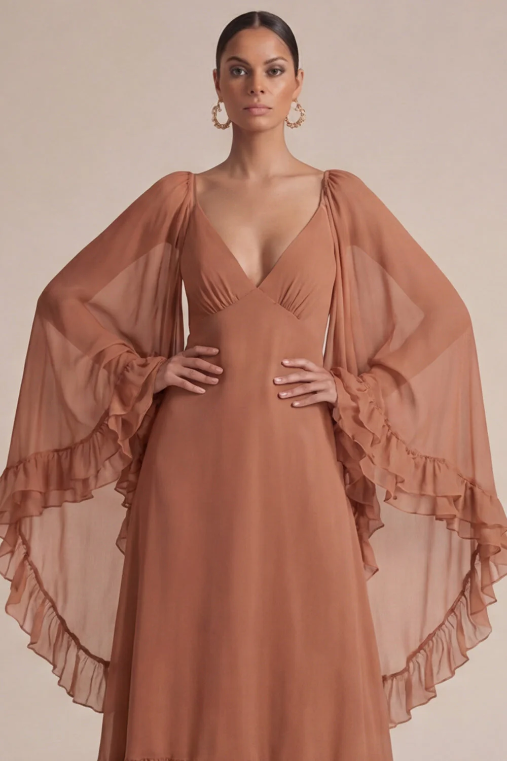 Brown A Line Ruffled V-Neck Long Chiffon Dress with Cape - Image 3