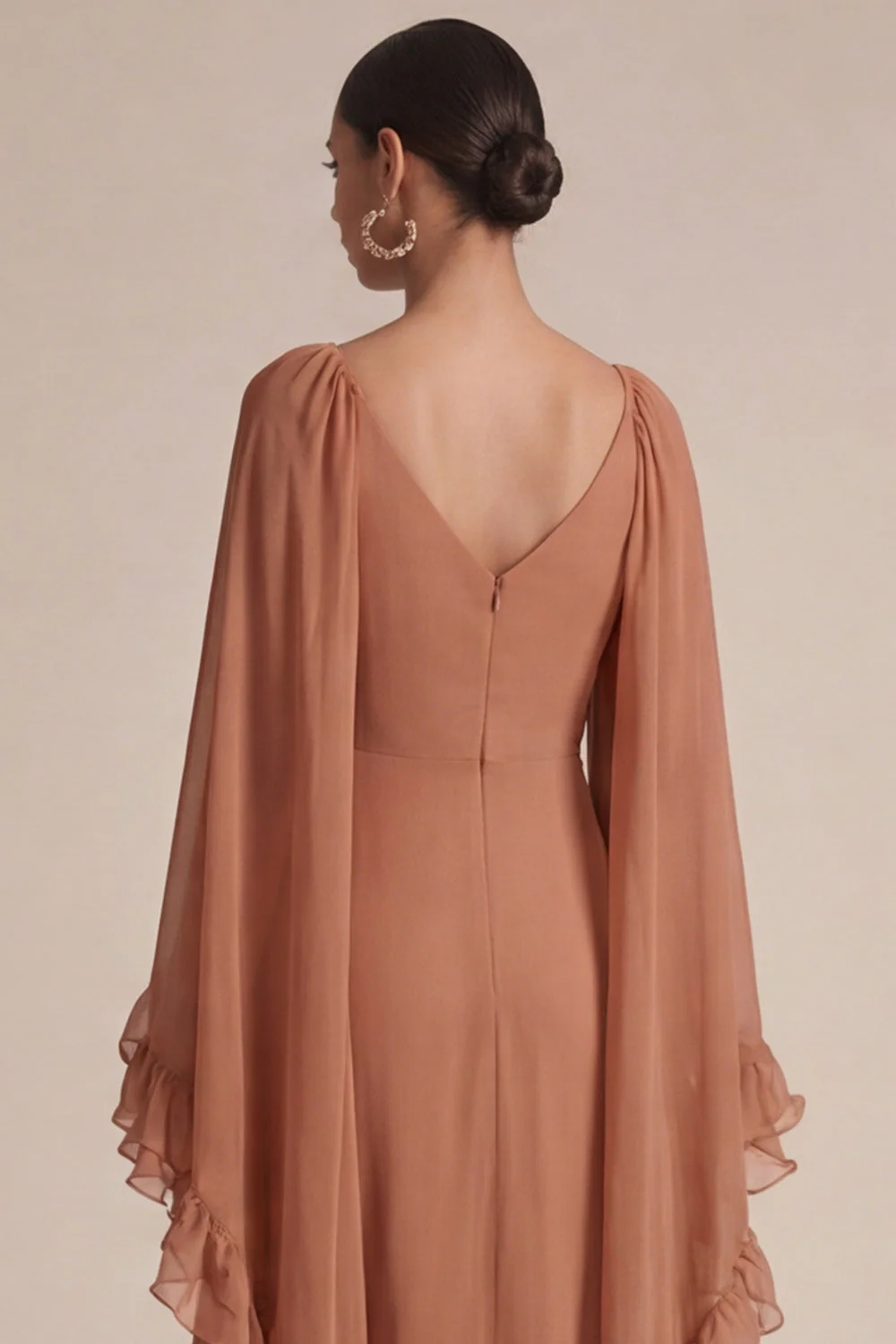 Brown A Line Ruffled V-Neck Long Chiffon Dress with Cape - Image 4