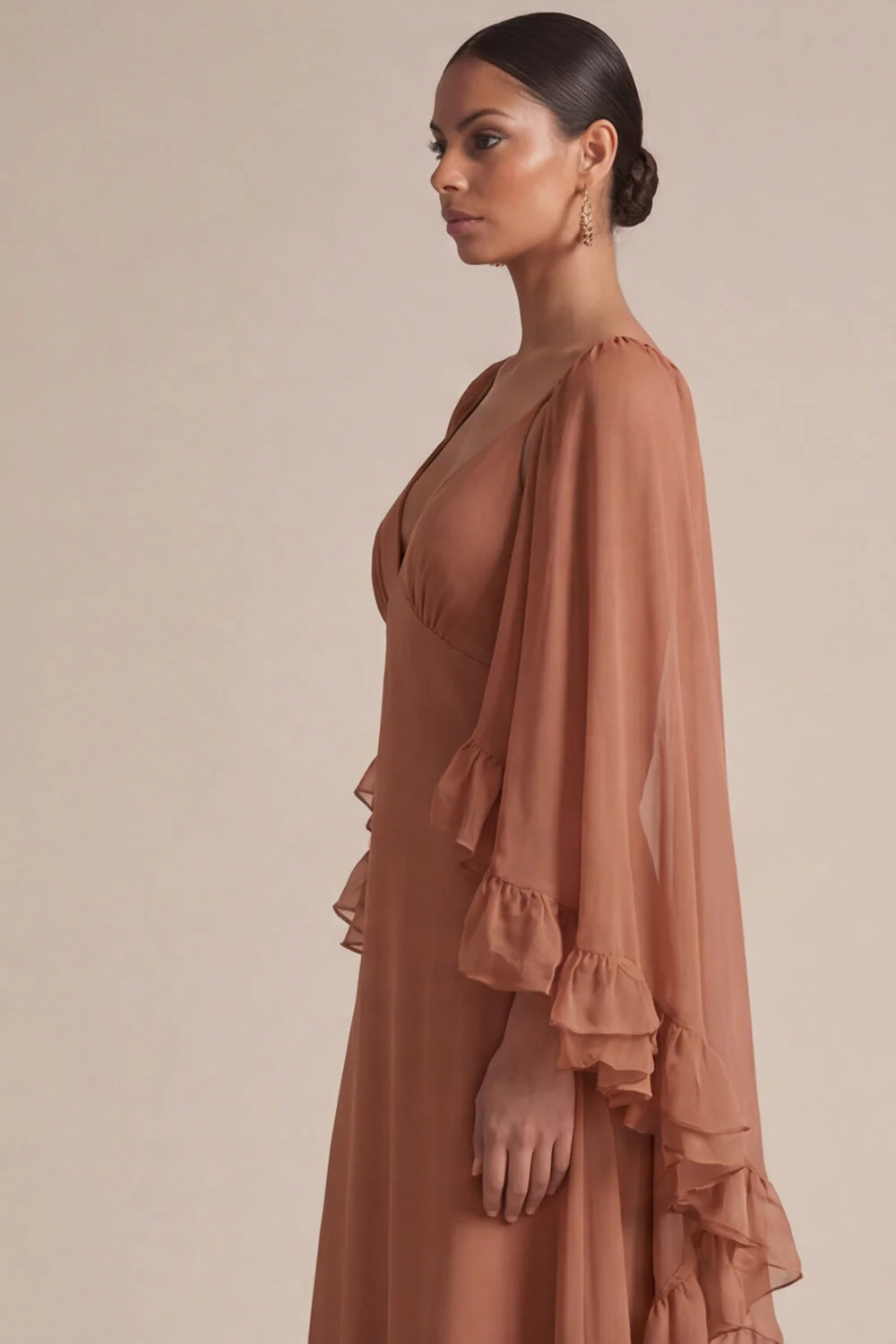 Brown A Line Ruffled V-Neck Long Chiffon Dress with Cape - Image 5