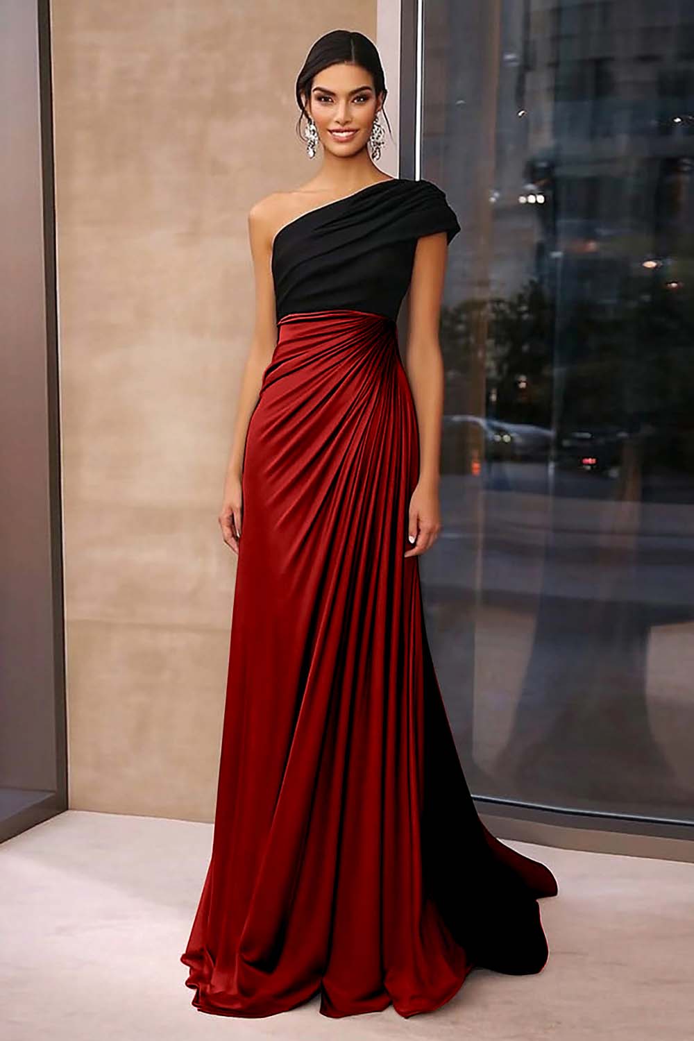 Brown Crepe Sheath Ruched One Shoulder Gala Dress - Image 3