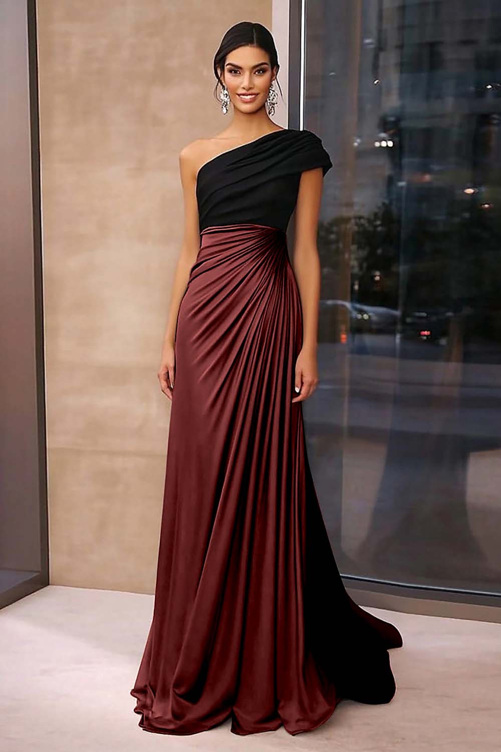 Brown Crepe Sheath Ruched One Shoulder Gala Dress - Image 4