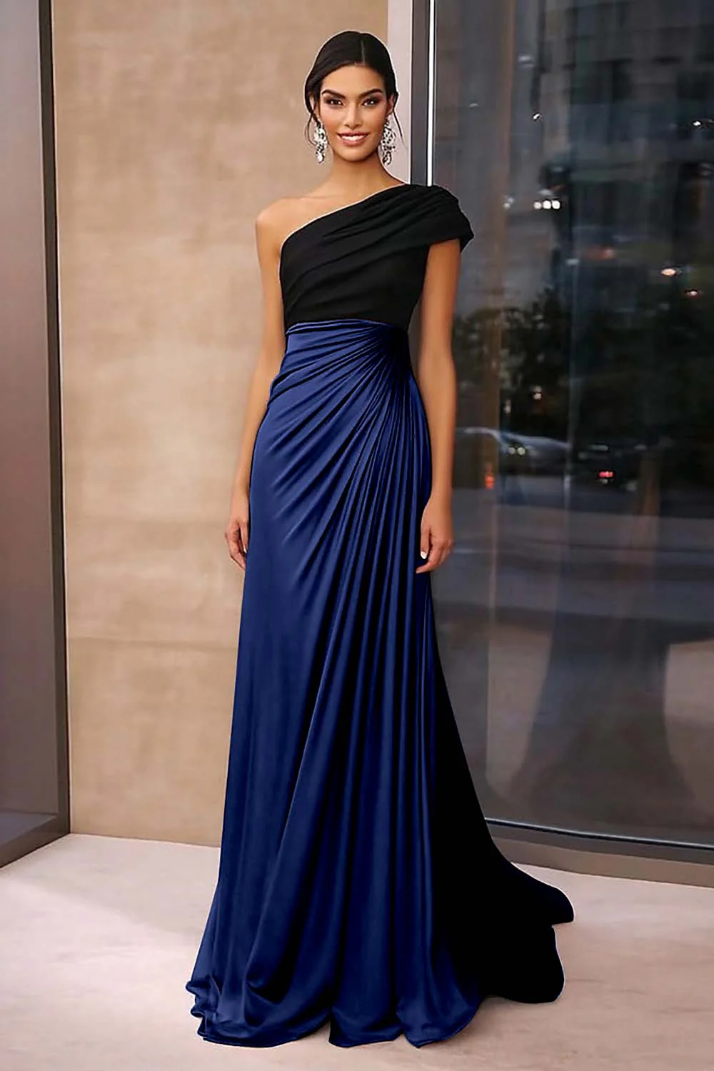 Brown Crepe Sheath Ruched One Shoulder Gala Dress - Image 5