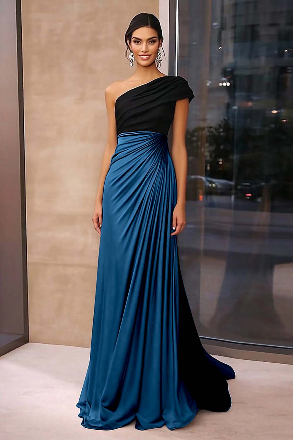Brown Crepe Sheath Ruched One Shoulder Gala Dress - Image 6
