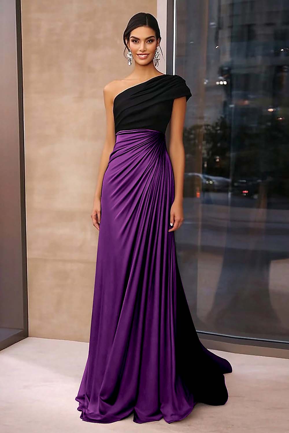 Brown Crepe Sheath Ruched One Shoulder Gala Dress - Image 7