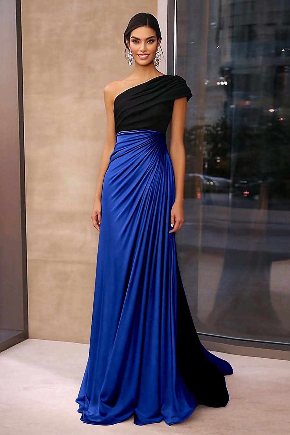 Brown Crepe Sheath Ruched One Shoulder Gala Dress - Image 8
