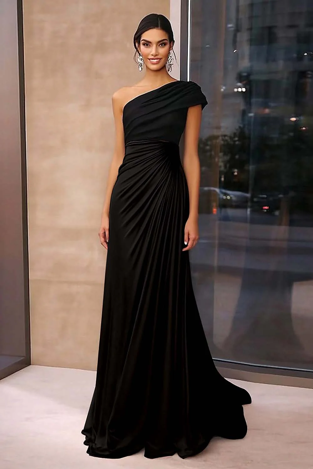 Brown Crepe Sheath Ruched One Shoulder Gala Dress - Image 9