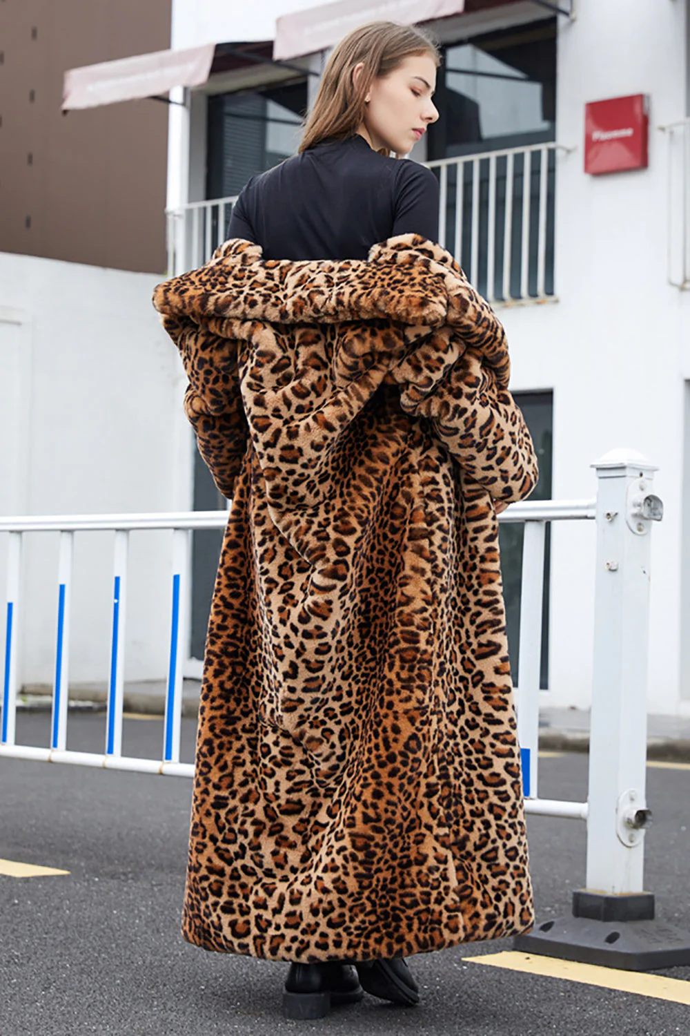 Brown Leopard Notched Lapel Faux Fur Shearling Coat - Image 4
