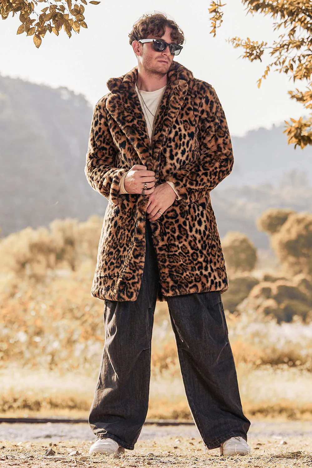 Brown Leopard Print Lapel Collar Faux Fur Mid-Length Men's Winter Coat - Image 3