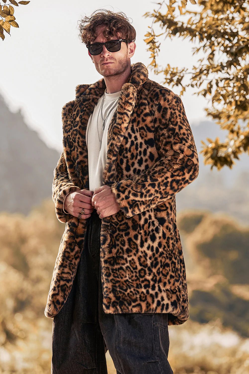 Brown Leopard Print Lapel Collar Faux Fur Mid-Length Men's Winter Coat - Image 4