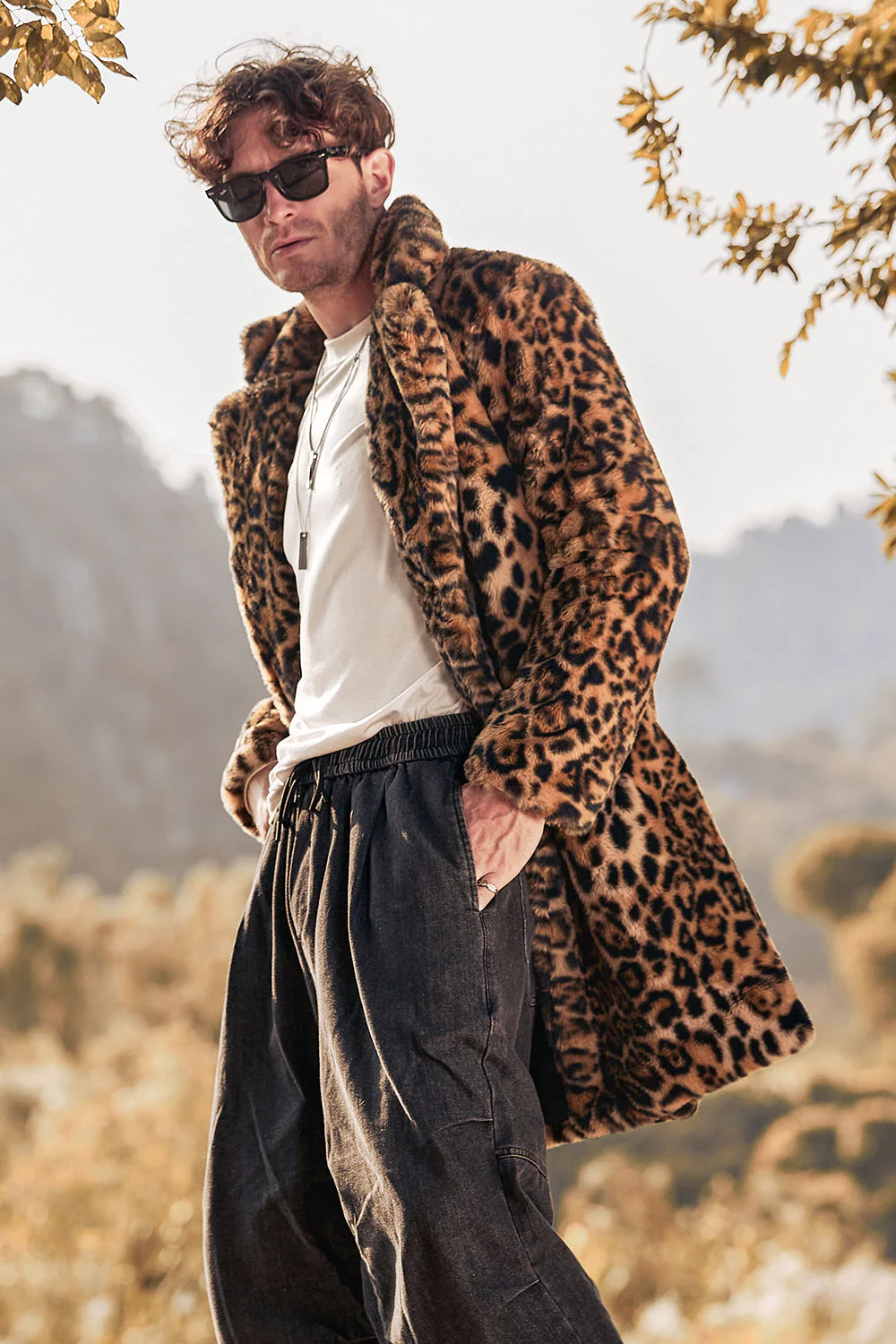 Brown Leopard Print Lapel Collar Faux Fur Mid-Length Men's Winter Coat - Image 5