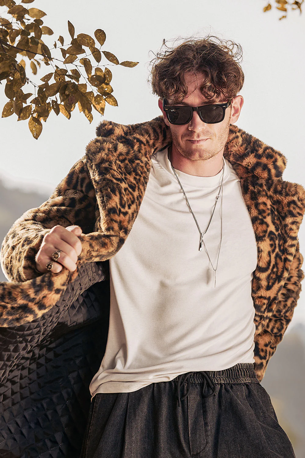 Brown Leopard Print Lapel Collar Faux Fur Mid-Length Men's Winter Coat - Image 6