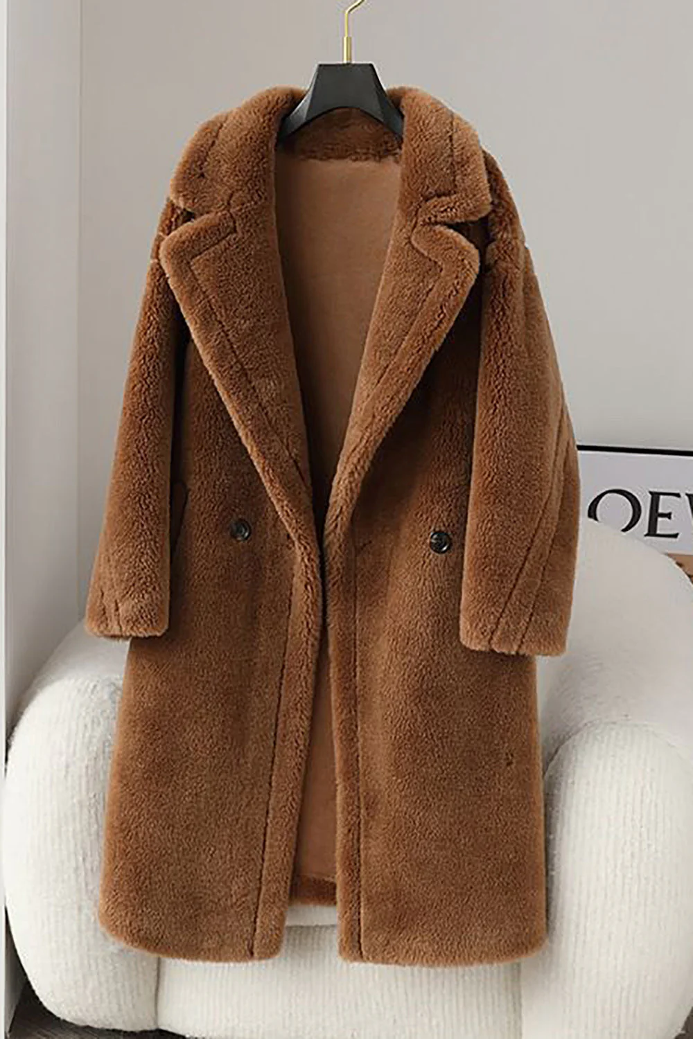 Brown Notched Lapel Long Teddy Wool coat - Image 3