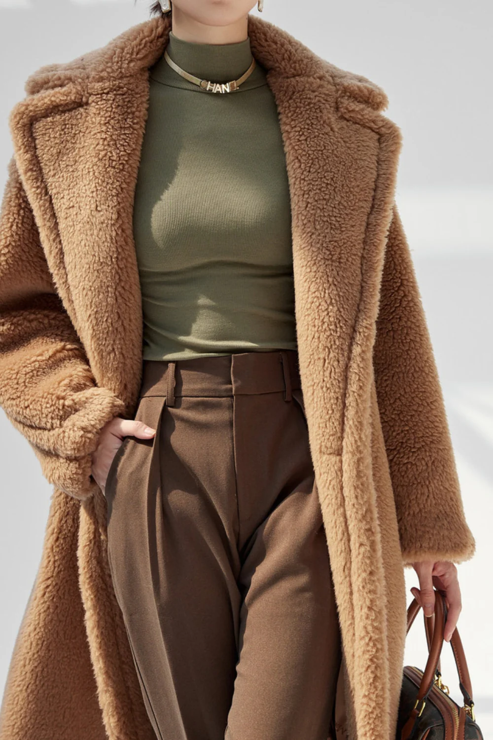 Brown Notched Lapel Long Teddy Wool coat - Image 5