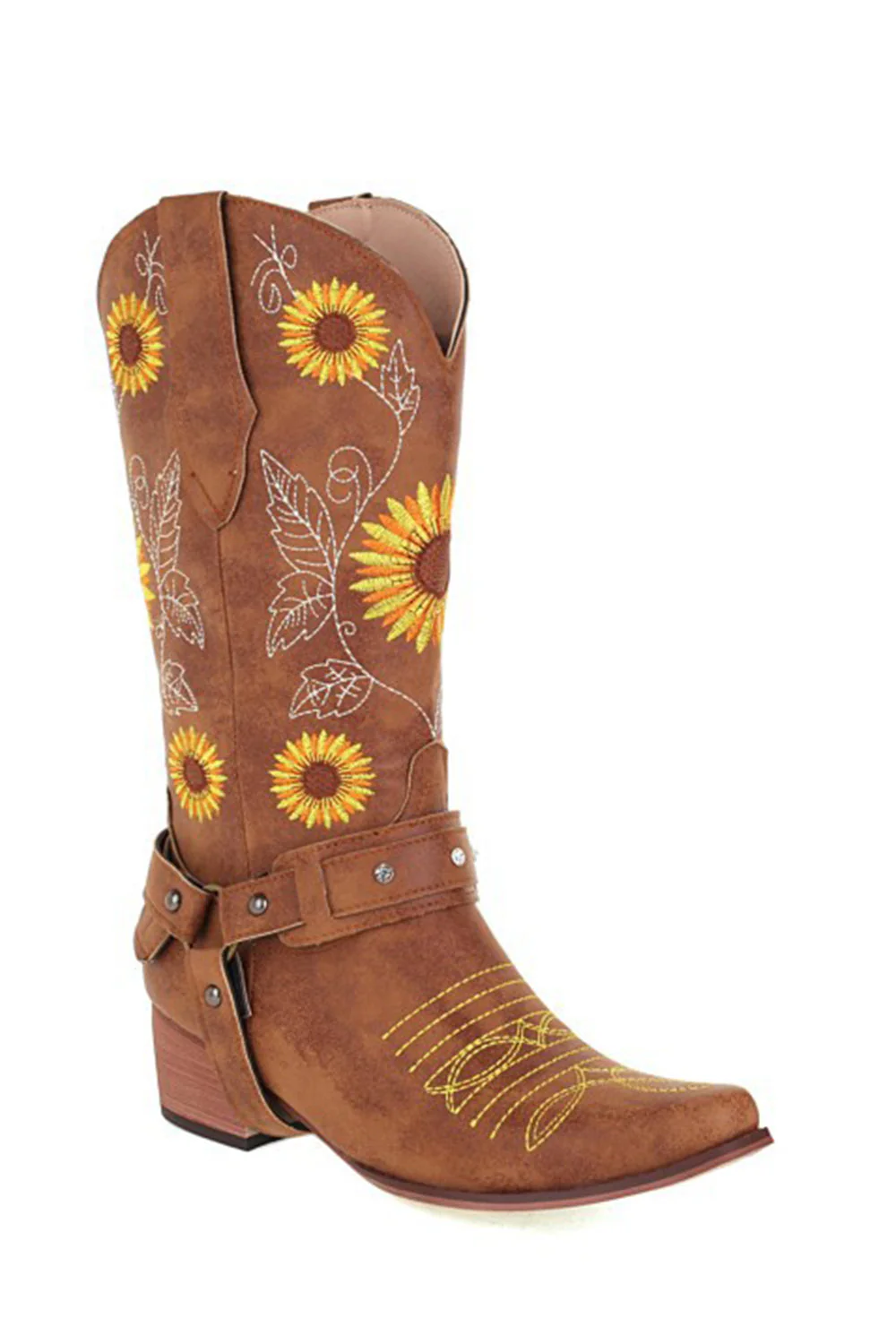Brown Sunflower Pattern On Pointed Toe Chunky Heel Cowgirl Boots - Image 2