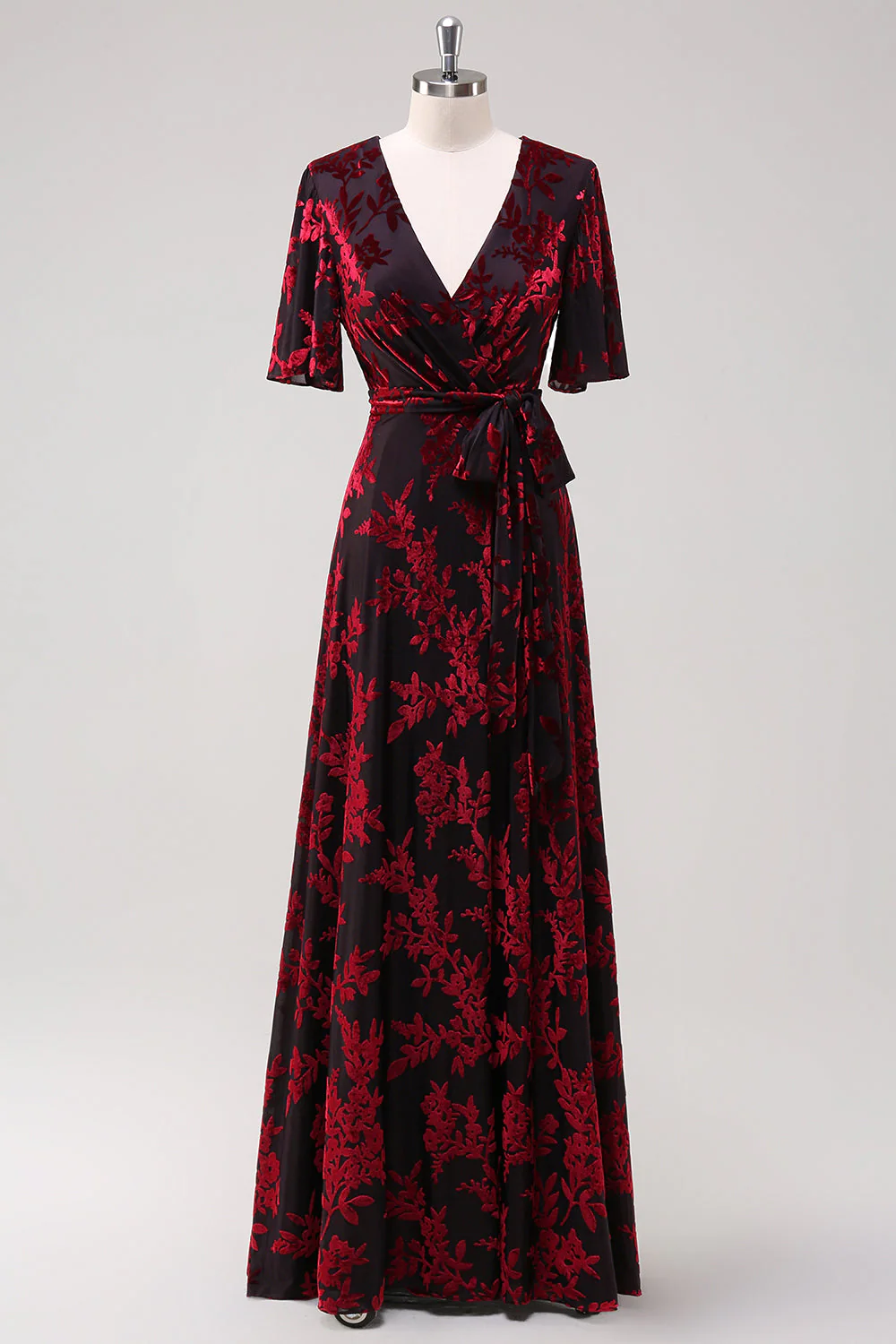 Dark Green A Line Burnout Velvet Long Prom Dress with Short Sleeves - Image 9
