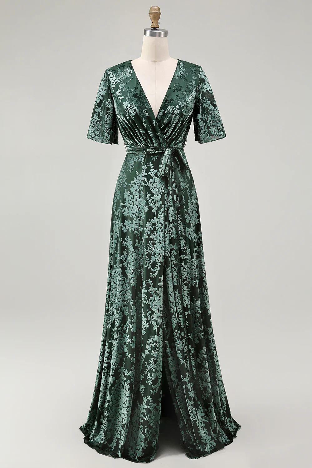 Dark Green A Line Burnout Velvet Long Prom Dress with Short Sleeves - Image 21