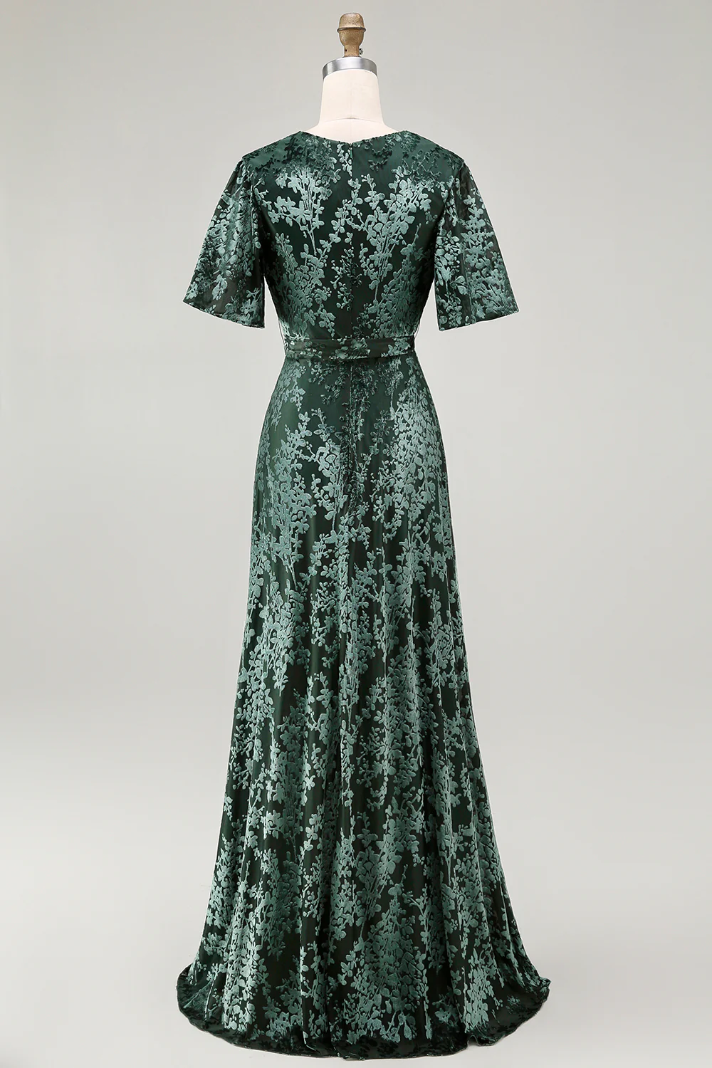 Dark Green A Line Burnout Velvet Long Prom Dress with Short Sleeves - Image 22