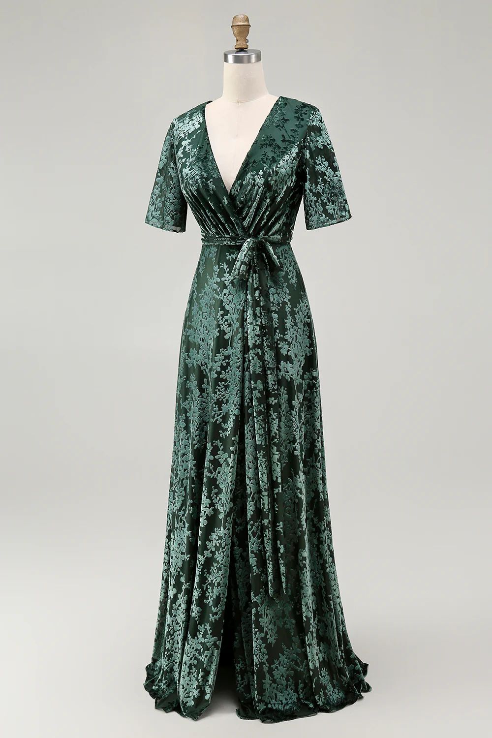 Dark Green A Line Burnout Velvet Long Prom Dress with Short Sleeves - Image 23