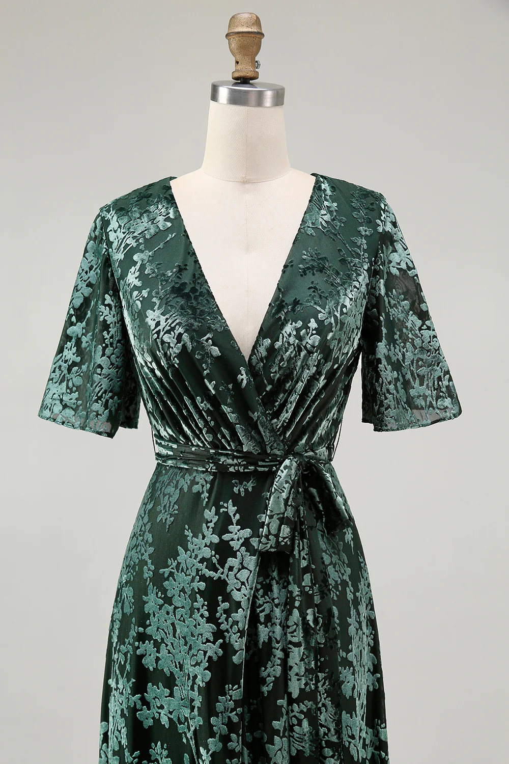Dark Green A Line Burnout Velvet Long Prom Dress with Short Sleeves - Image 24